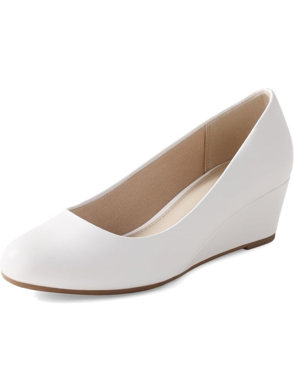 Women's White Pu Nude 2 Inch Low Heel Wedge Comfortable Closed Toe Shoes